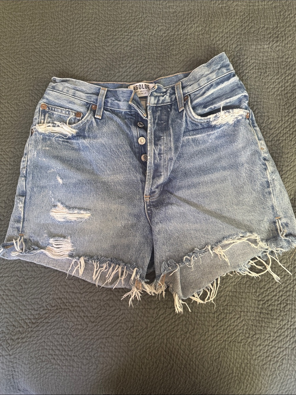 AGOLDE Light Blue Distressed Frayed Hem Denim Shorts